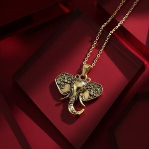 Sacred Petals: Gold Flower Adorned Elephant Pendant Wisdom and Strength Necklace